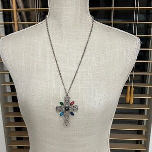 Vintage Avon Romanesque Cross Necklace, faux cabochone stones‎ silver filigree